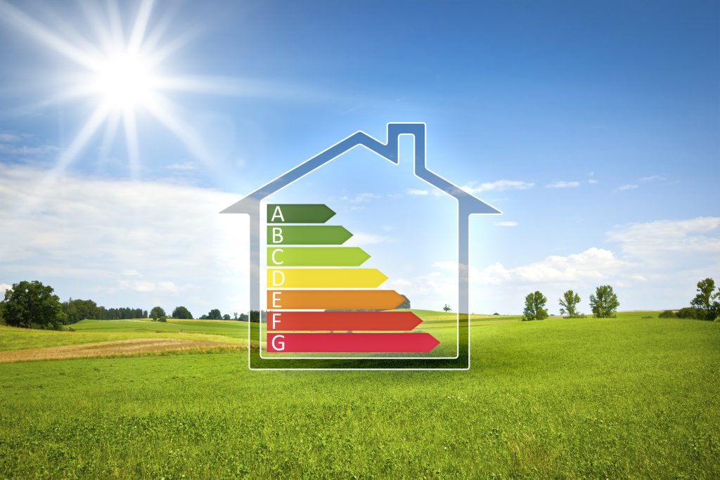 green house in the sun with energy efficiency graph